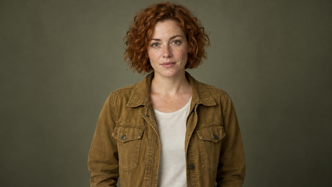 Original adult character with short copper curls, freckles and an ochre jacket on a neutral background