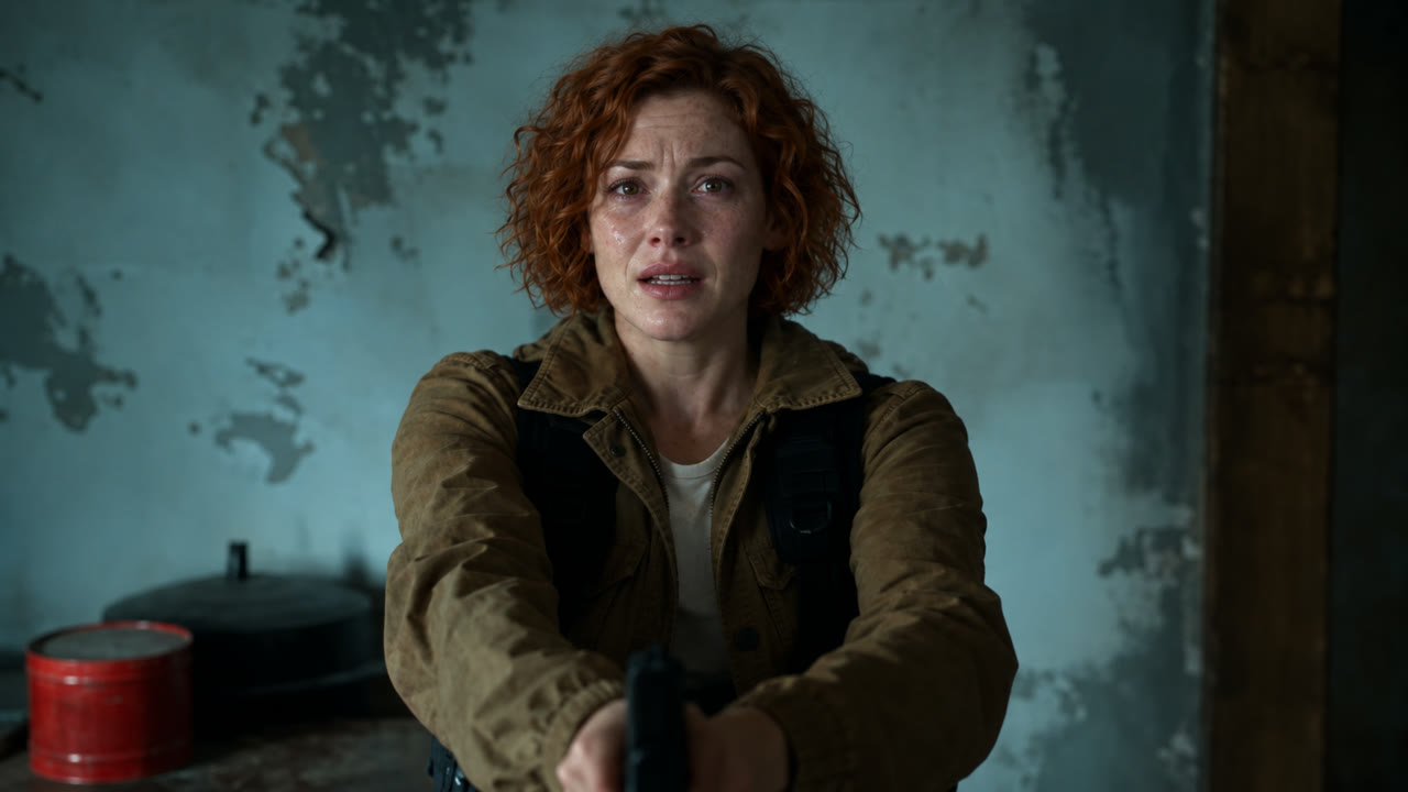 Illustrative replacement of the original woman with the copper-haired character in the same room and pose