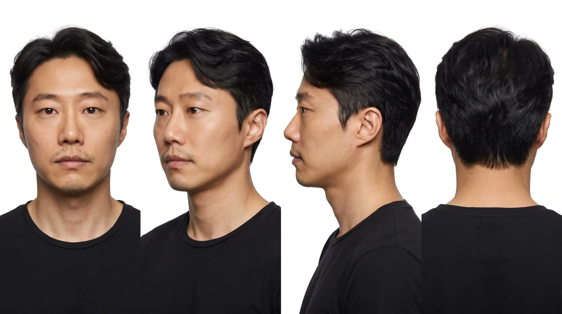 Cuatro vistas de un hombre de pelo corto y camiseta negra, referencia para el ejemplo junto al mar
