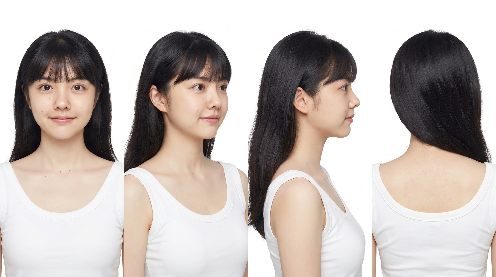 Cuatro vistas de una mujer de pelo largo con flequillo y blusa blanca, referencia para el ejemplo junto al mar