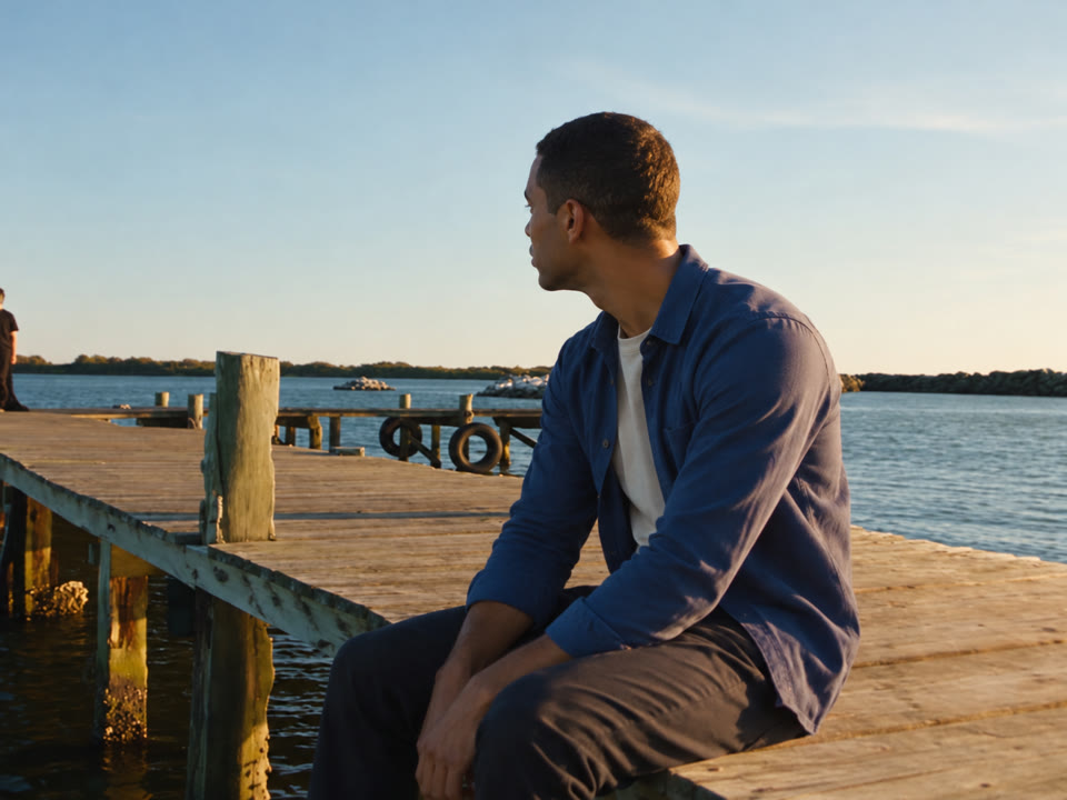 Illustrative replacement of the seated performer with the blue-shirt character in the same pier frame