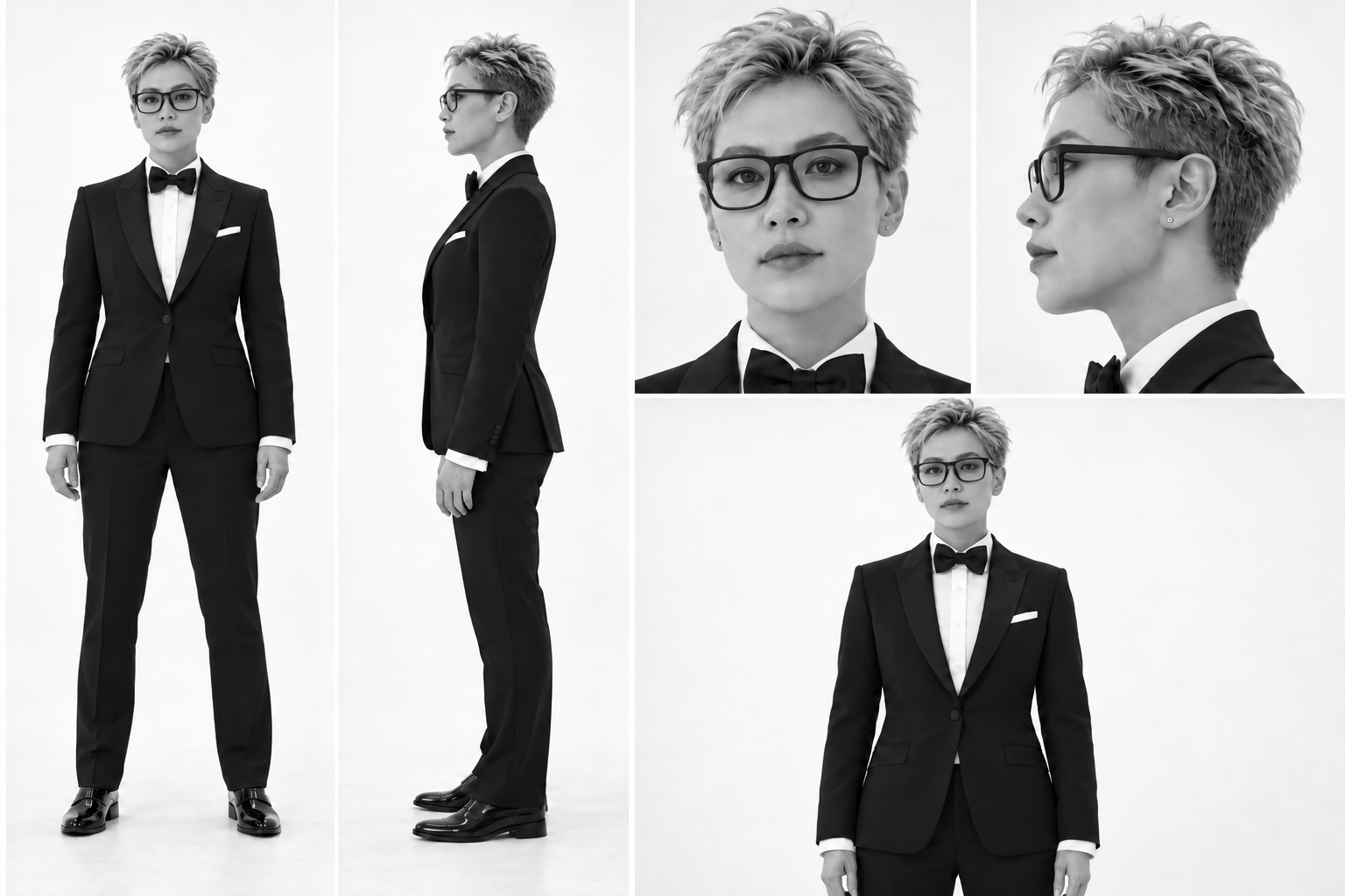 Five views of the same fictional female dancer in a black suit and black-framed glasses
